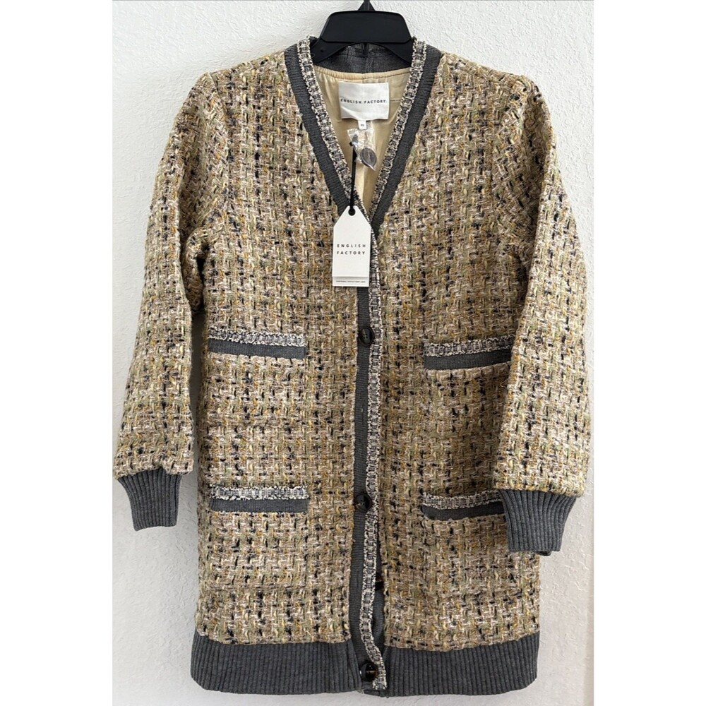 English Factory Tweed Long Blazer 4 Front Pockets Size XS